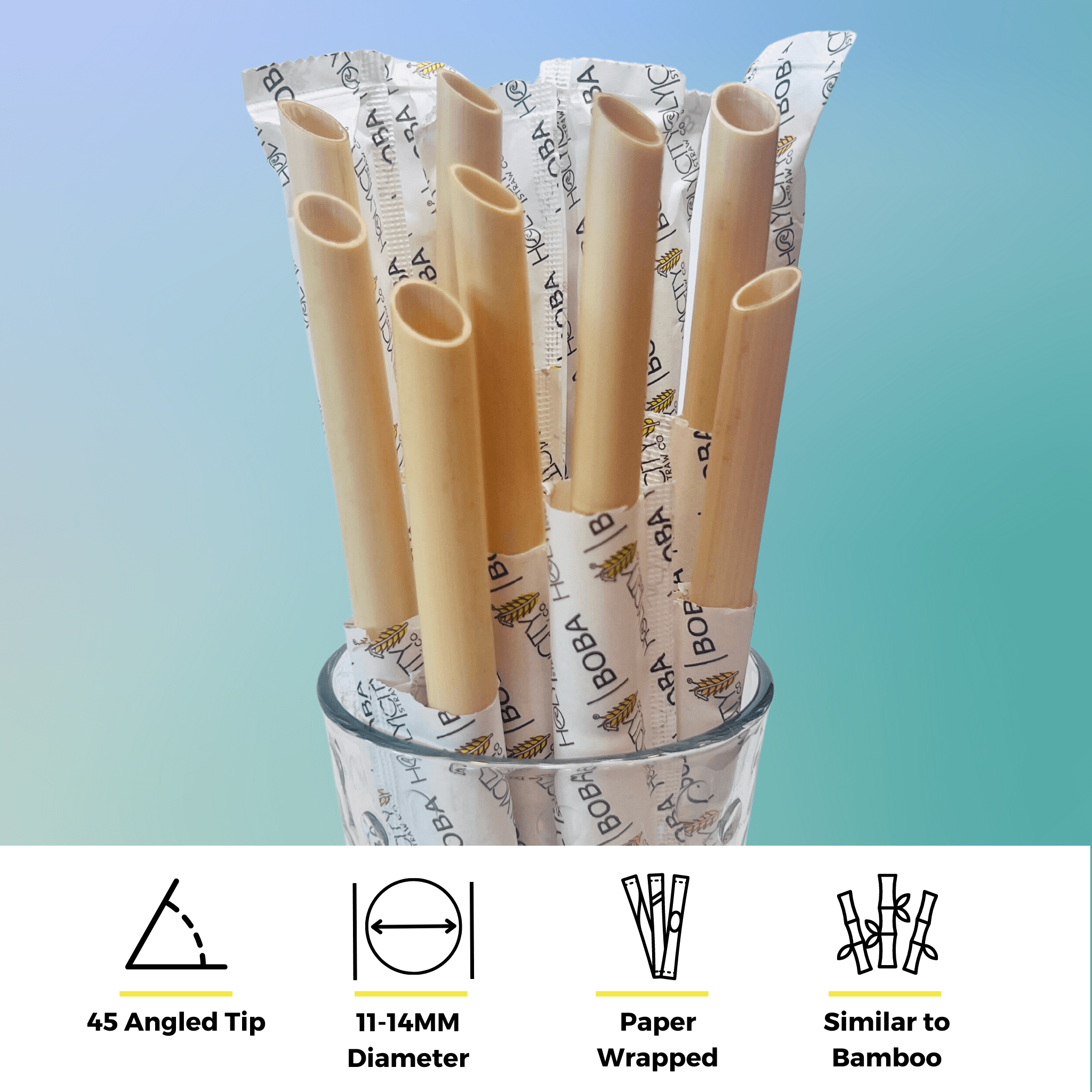 Glass of unwrapped boba straws highlighting the angled tip wide diameter paper wrapped and bamboo