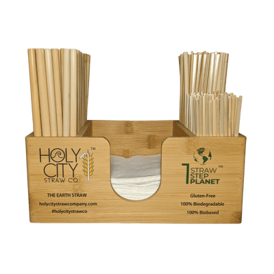 Holy City Straw Company branded bar caddy with straws front