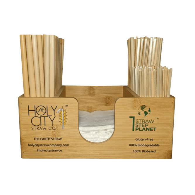 Holy City Straw Company branded bar caddy with straws front