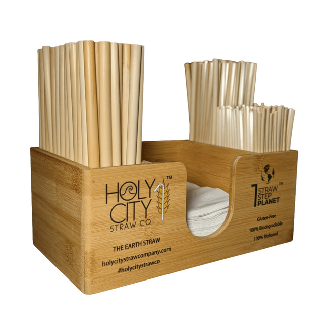 Holy City Straw Company branded straw and napkin bar caddy with straws left