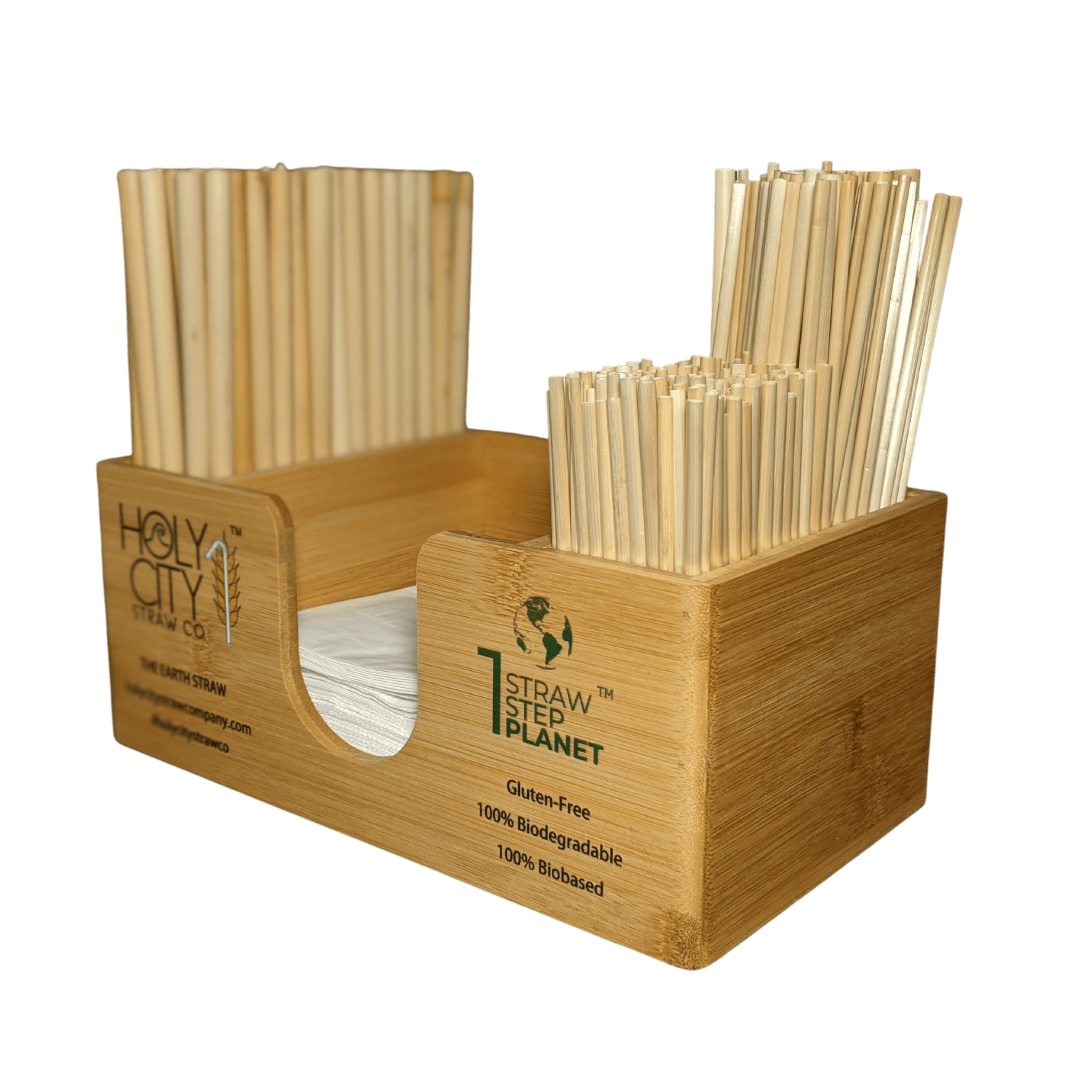 Holy City Straw Company branded straw and napkin bar caddy with straws right