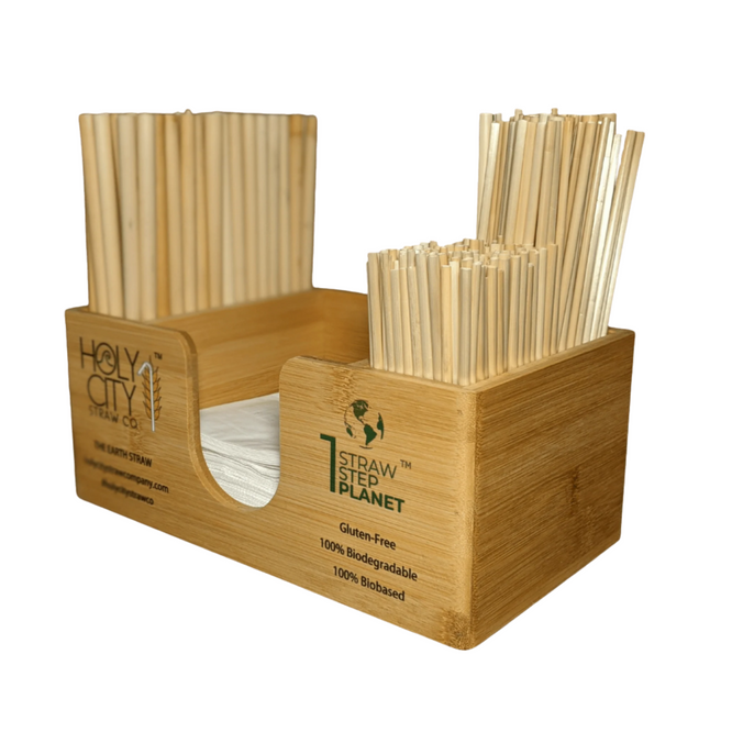 Holy City Straw Company branded straw and napkin bar caddy with straws right