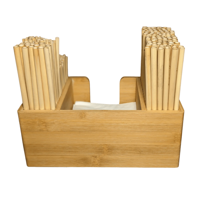 Holy City Straw Company branded straw and napkin bar caddy with straws back