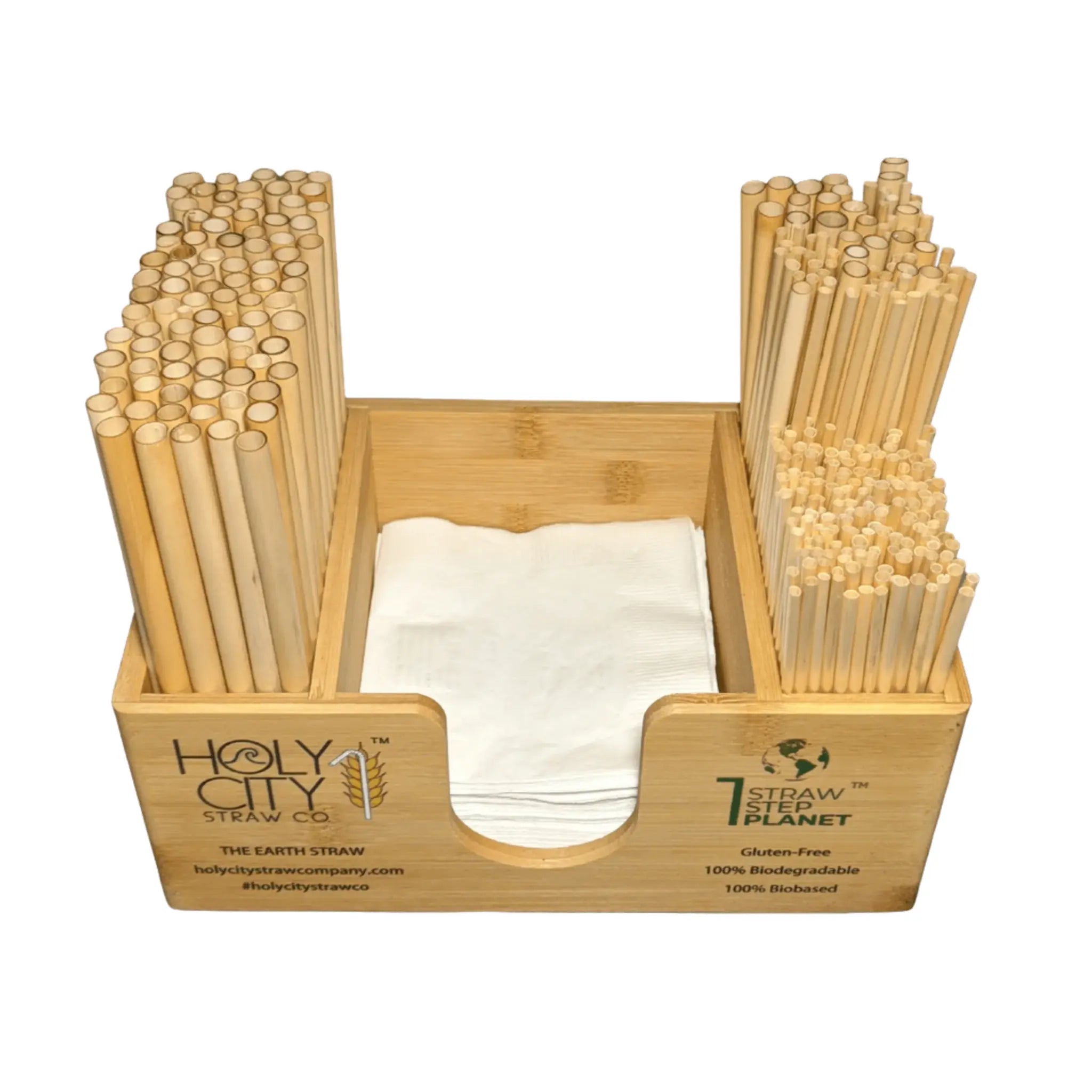 Holy City Straw Company branded straw and napkin bar caddy with straws top