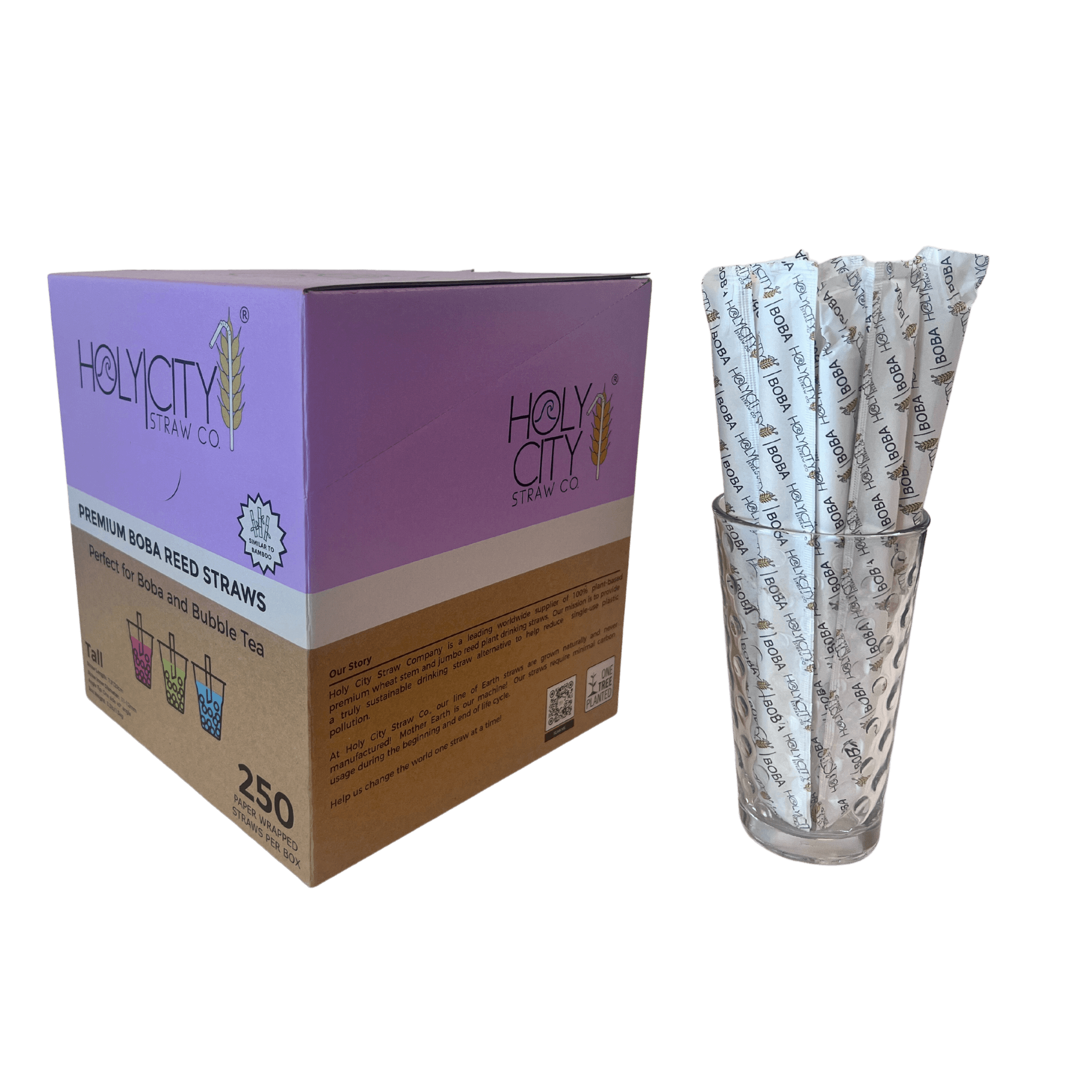 Holy City Straw Co wrapped boba reed straws angled box of 250 next to glass of straws transparent