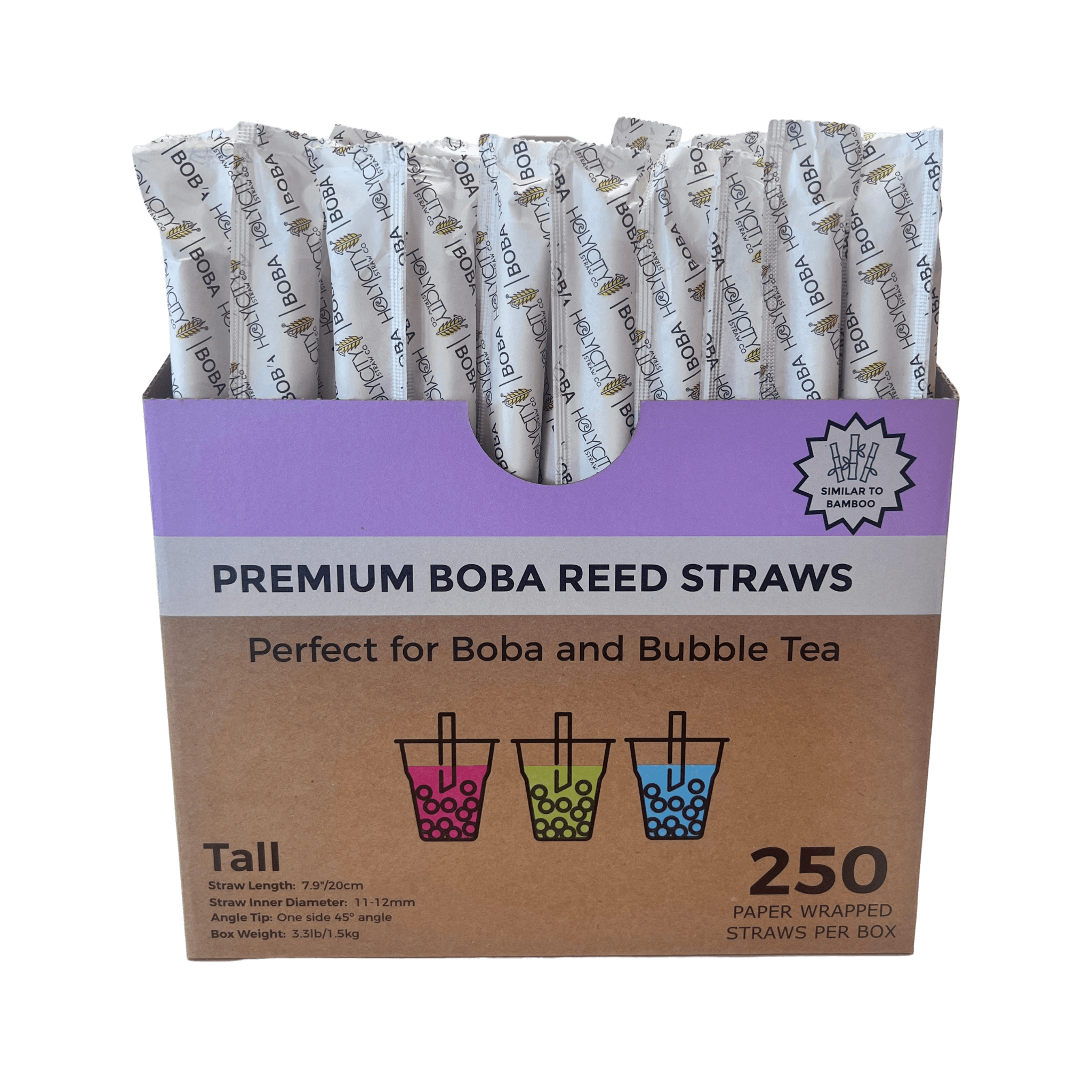 Holy City Straw Co wrapped boba reed straws opened box of 250ct transparent