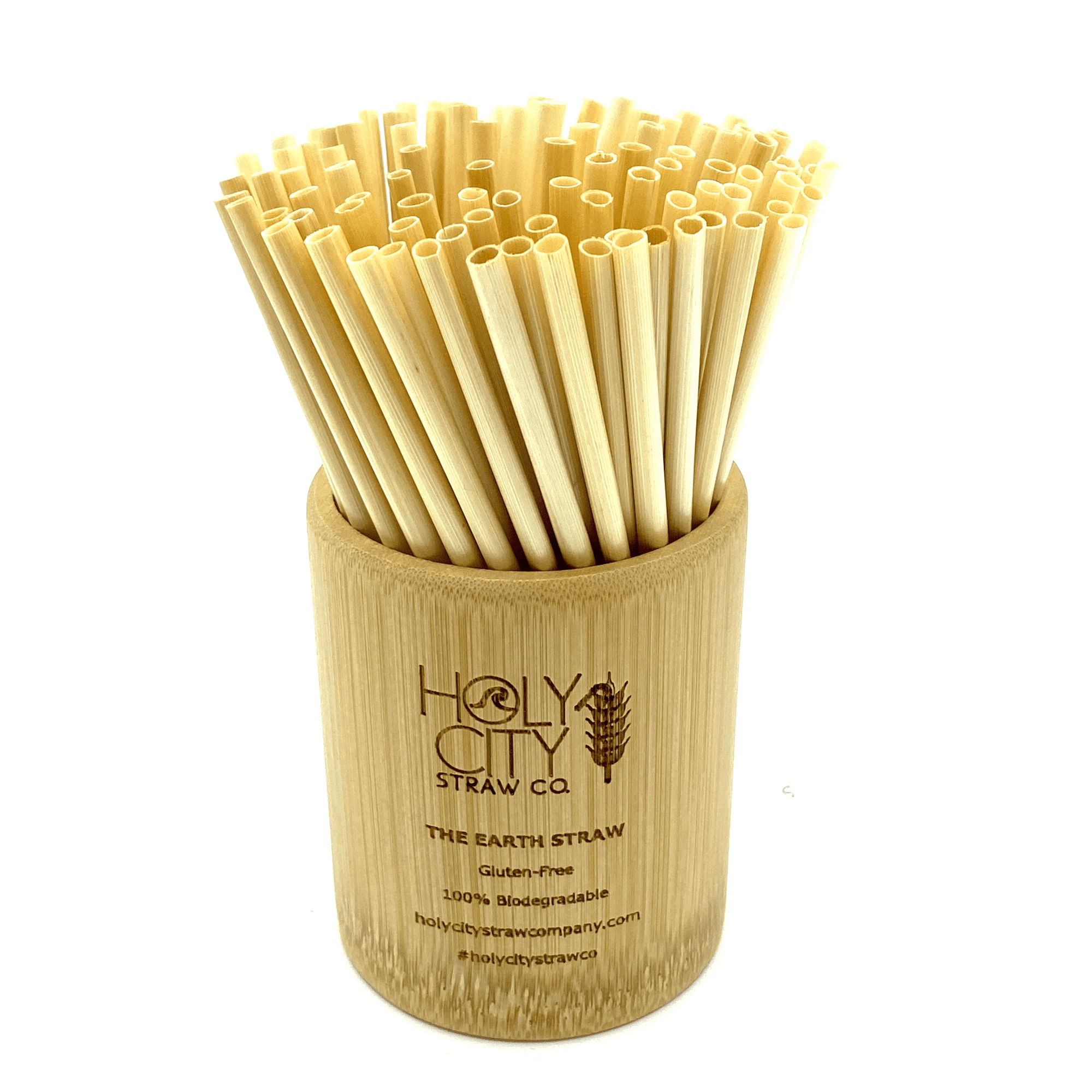 Holy City Straw Company Branded Straw Holder with Cocktail wheat stem straws inside of the cup