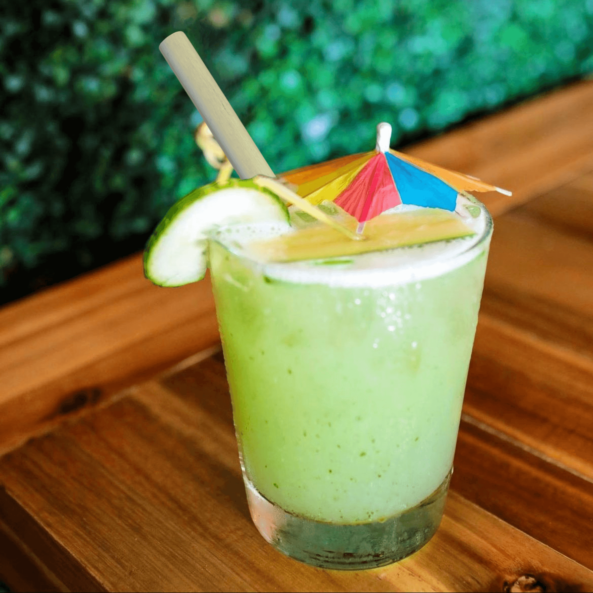 A green iced drink sits on a wooden table, garnished with a cucumber slice and a small colorful cocktail umbrella. A reed straw made from reed stems is inserted into the drink. The background is lush greenery, giving a fresh and tropical vibe, while the wooden surface provides a natural, rustic aesthetic.